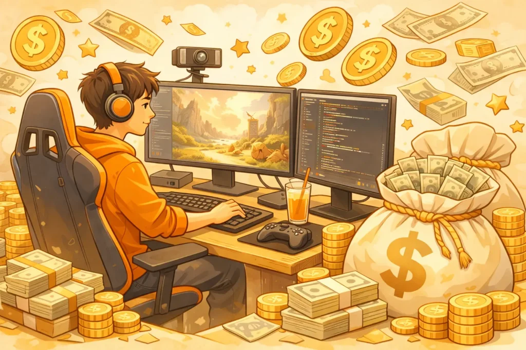 Game developer at work with fortune