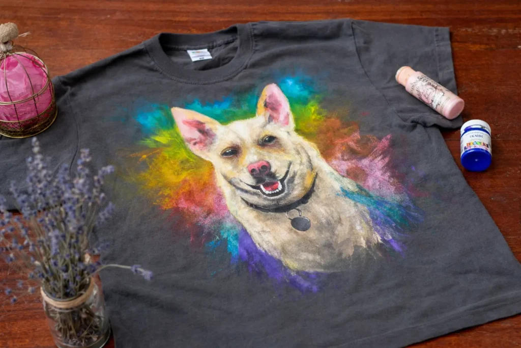 Hand-painted dog shirt with vibrant accents
