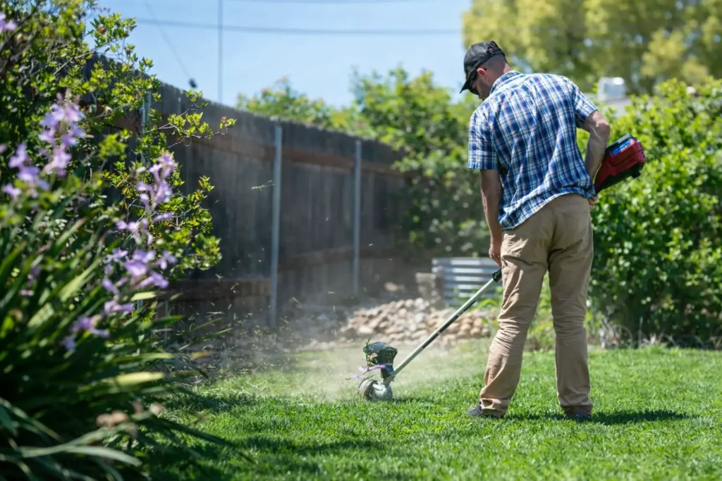 Man trimming grass in lush backyard