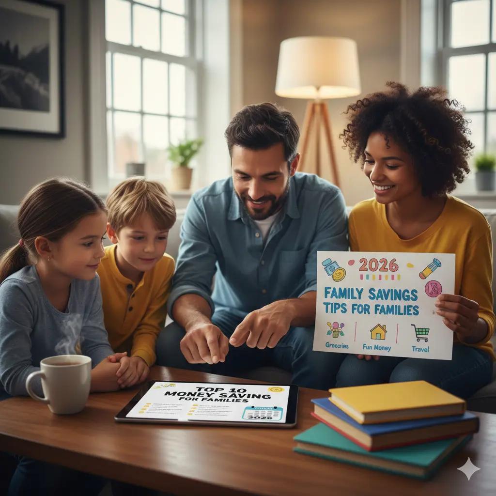 A family looking at money saving tips for 2026.