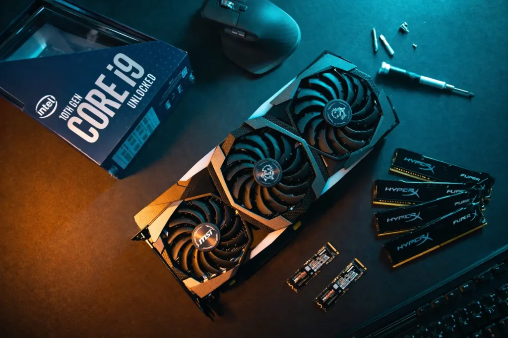 PC hardware setup with blue and orange lighting